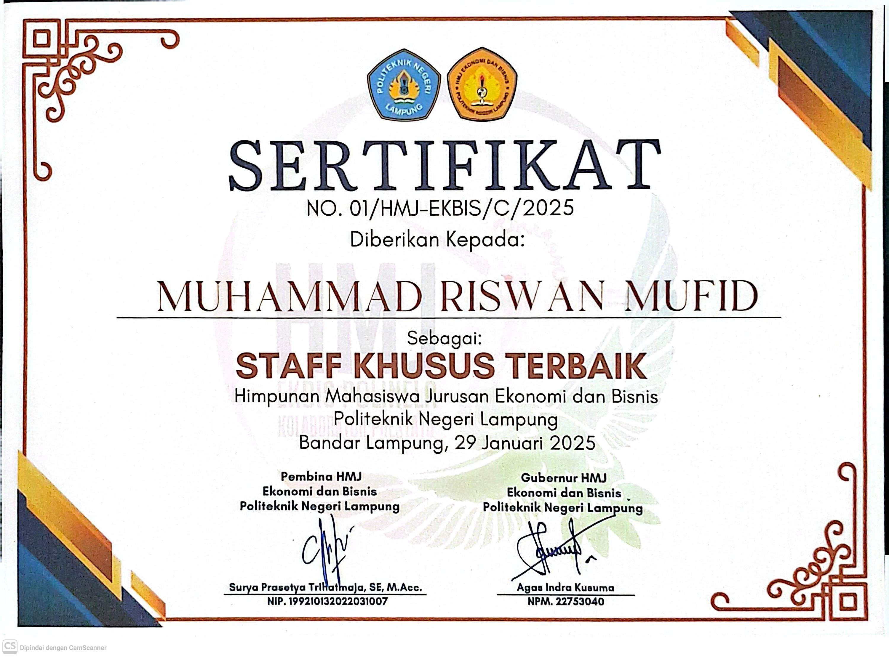 Sertifikat Kepengurusan HMJ Ekonomi dan Bisnis — Muhammad Riswan Mufid